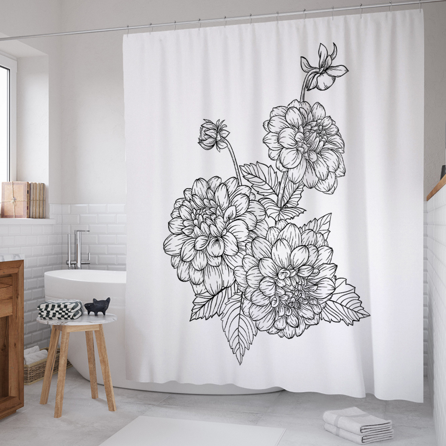 

Штора для ванной JoyArty "Георгины в графике" из сатена, 180х200 см с крючками, Белый, Георгины в графике