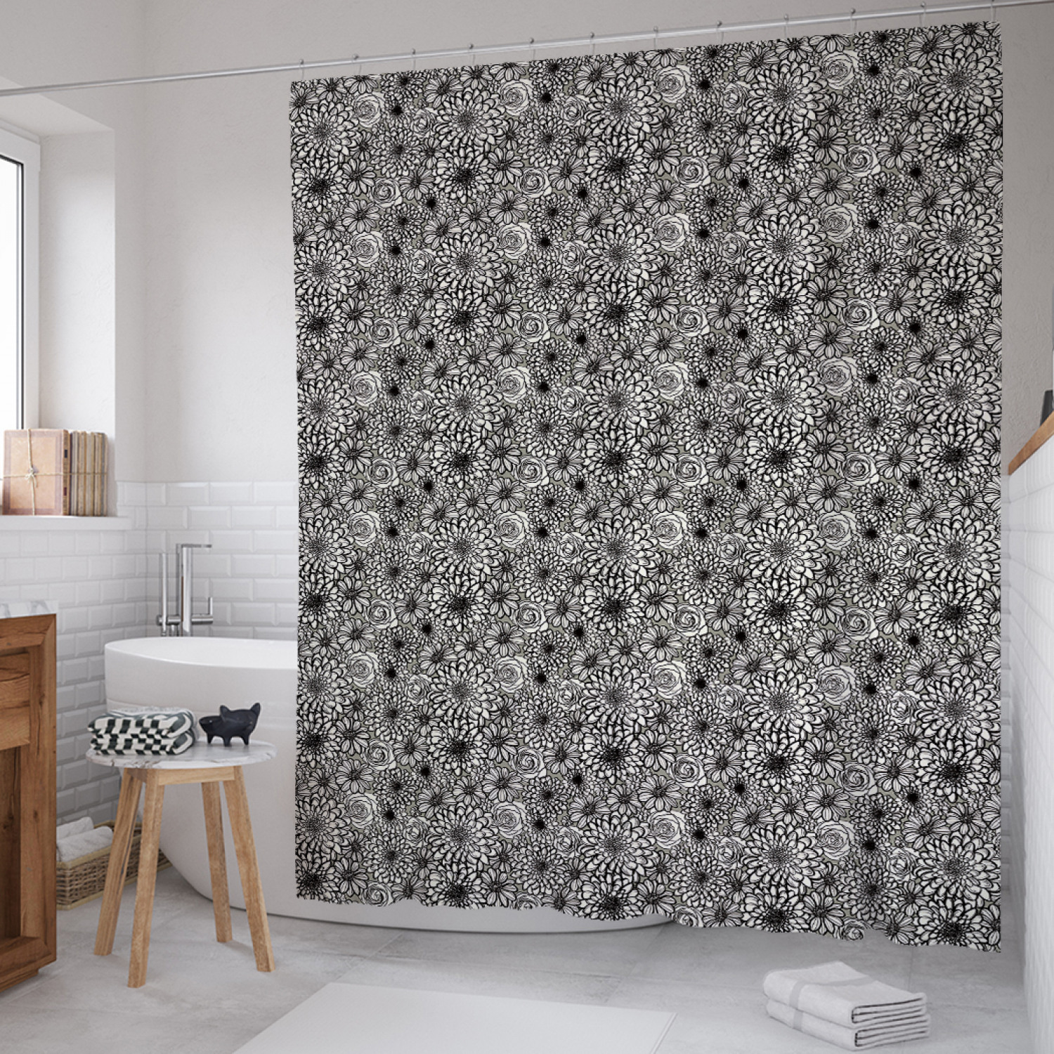 

Штора для ванной JoyArty "Графическое полотно цветов" из сатена, 180х200 см с крючками, Серый, Графическое полотно цветов