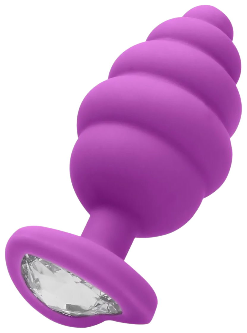 Фиолетовая анальная пробка Large Ribbed Diamond Heart Plug - 8 см.