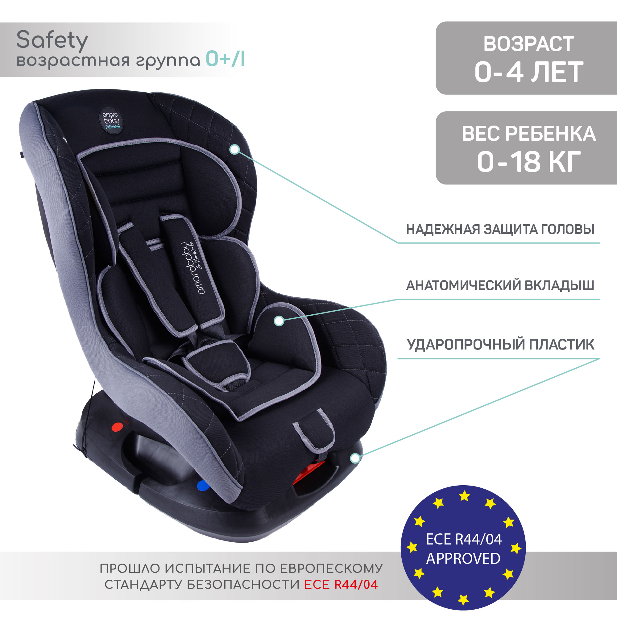 Автокресло детское AMAROBABY Safety, 0+/I, 0-4 лет,0-18 кг hamax детское кресло hamax kiss safety package шлем серебристый синий