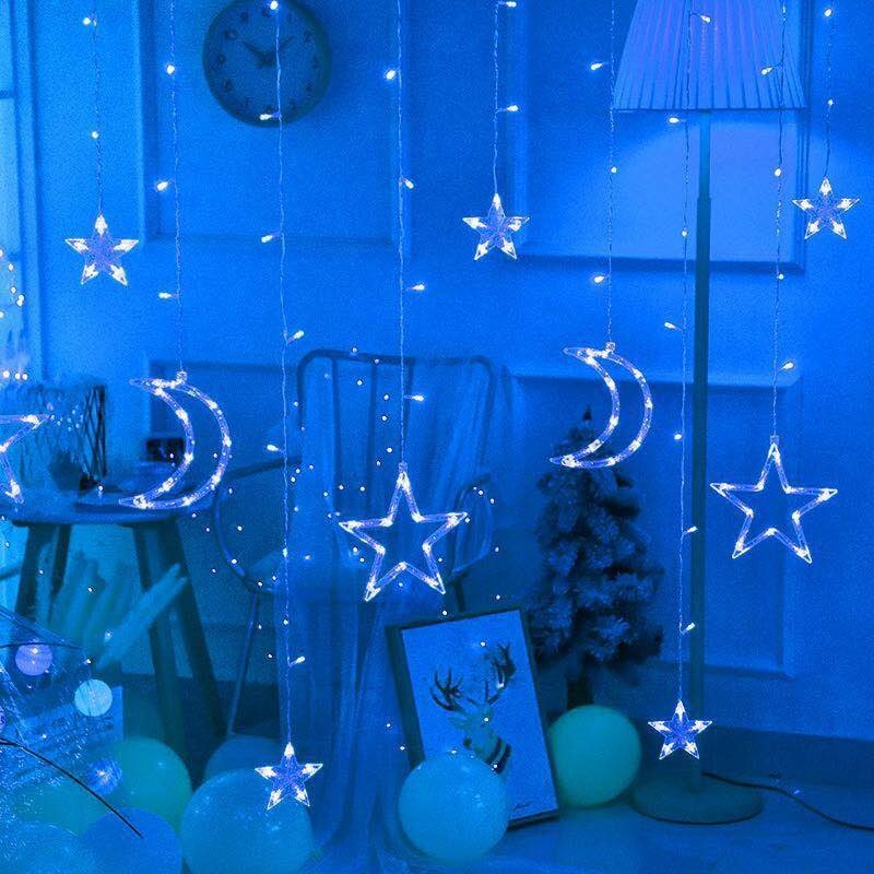 фото Новогодняя светодиодная гирлянда штора месяц и звезда 3 х 1 м, синий baziator