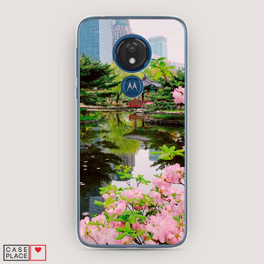 

Чехол для Motorola Moto G7 "Сакура возле озера", Зеленый;розовый;голубой, 241150-2