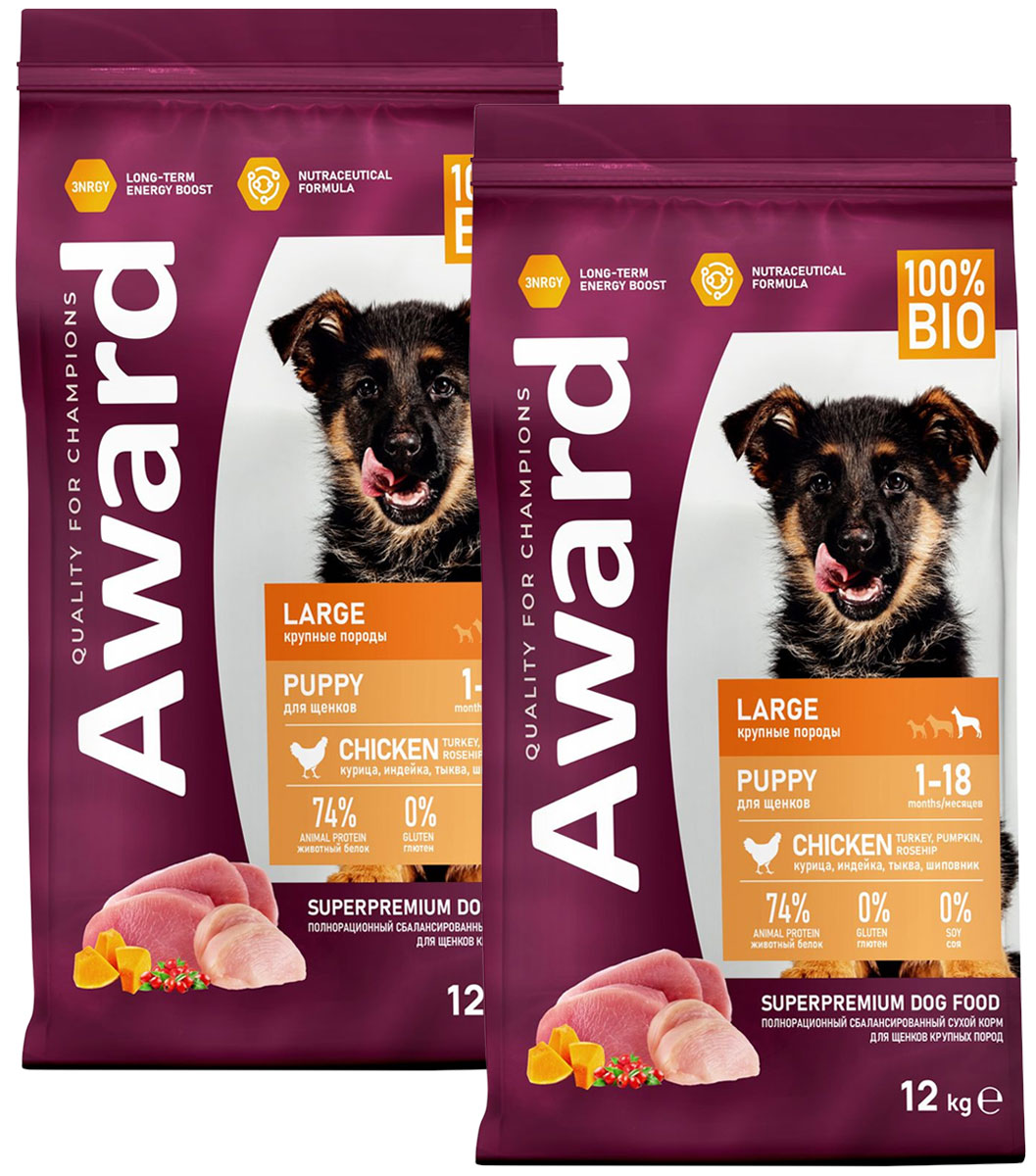 

Сухой корм для собак AWARD LARGE PUPPY с курицей и индейкой, 2 шт по 12 кг