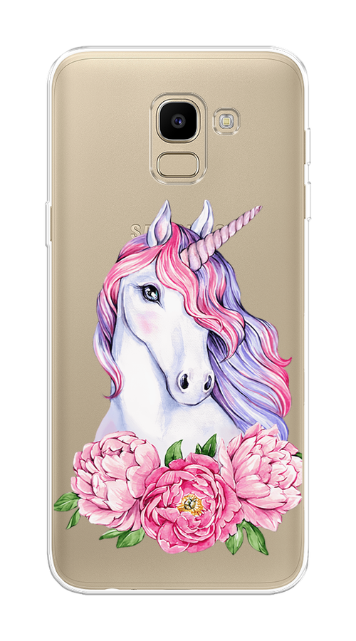 

Чехол на Samsung Galaxy J6 2018 "Единорог с пионами", Розовый;белый;зеленый, 26150-1