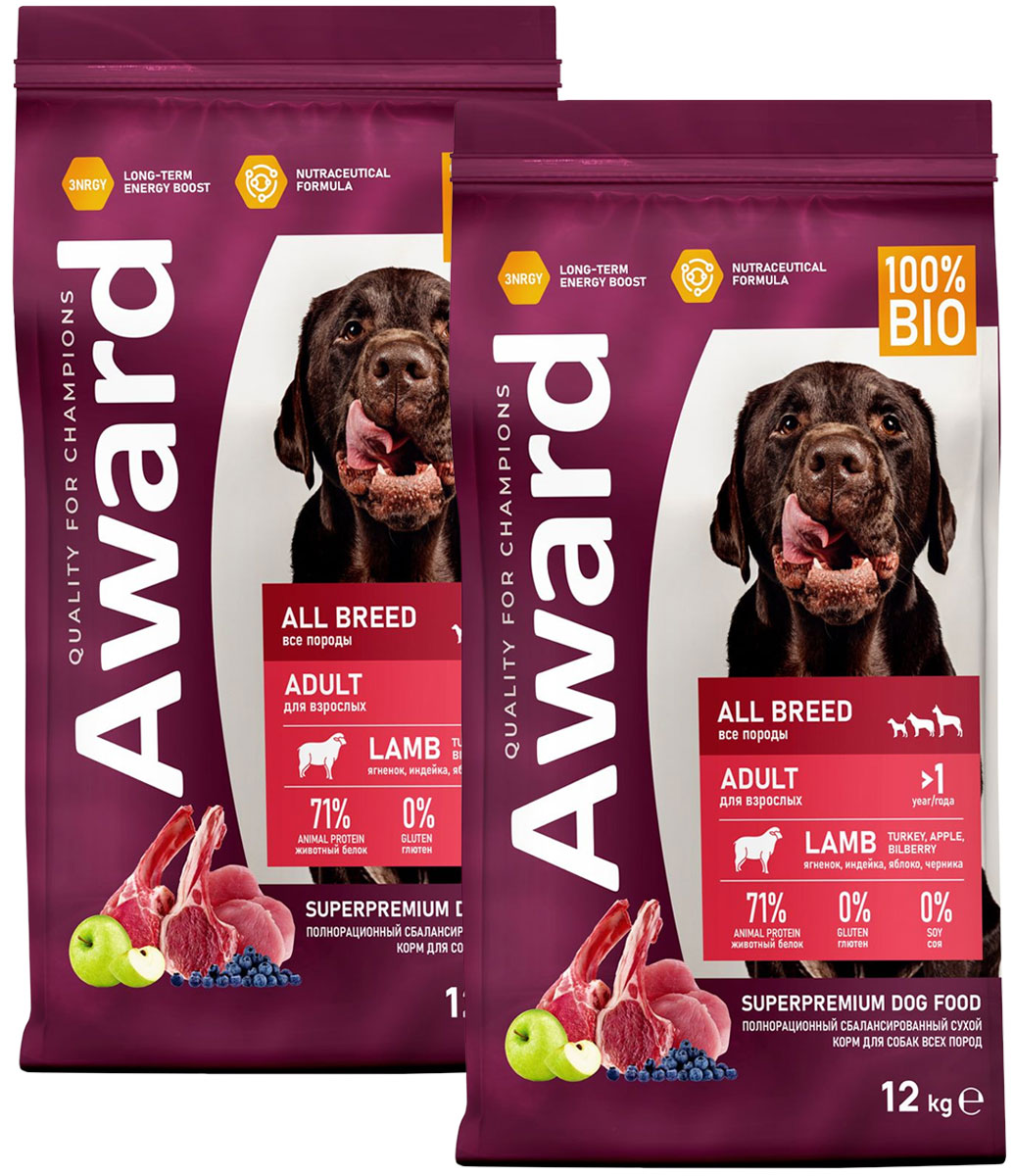 

Сухой корм для собак AWARD ADULT ALL BREED с ягненком и индейкой, 2 шт по 12 кг
