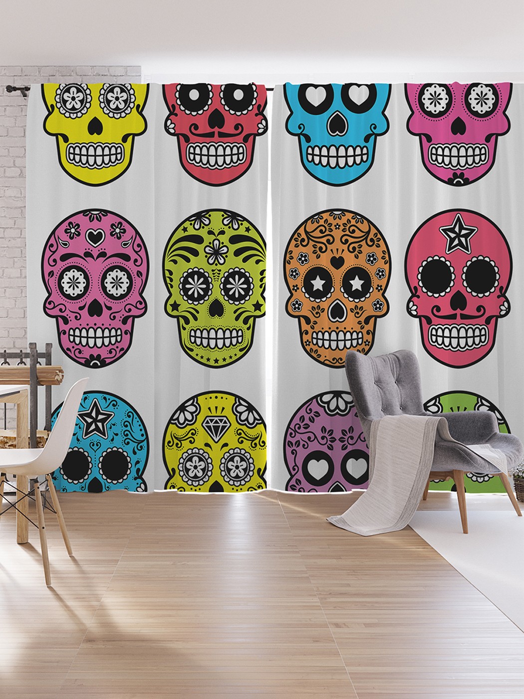 

Шторы под лён JoyArty "Радужные черепа", серия Oxford DeLux, 340х265 см, Радужные черепа