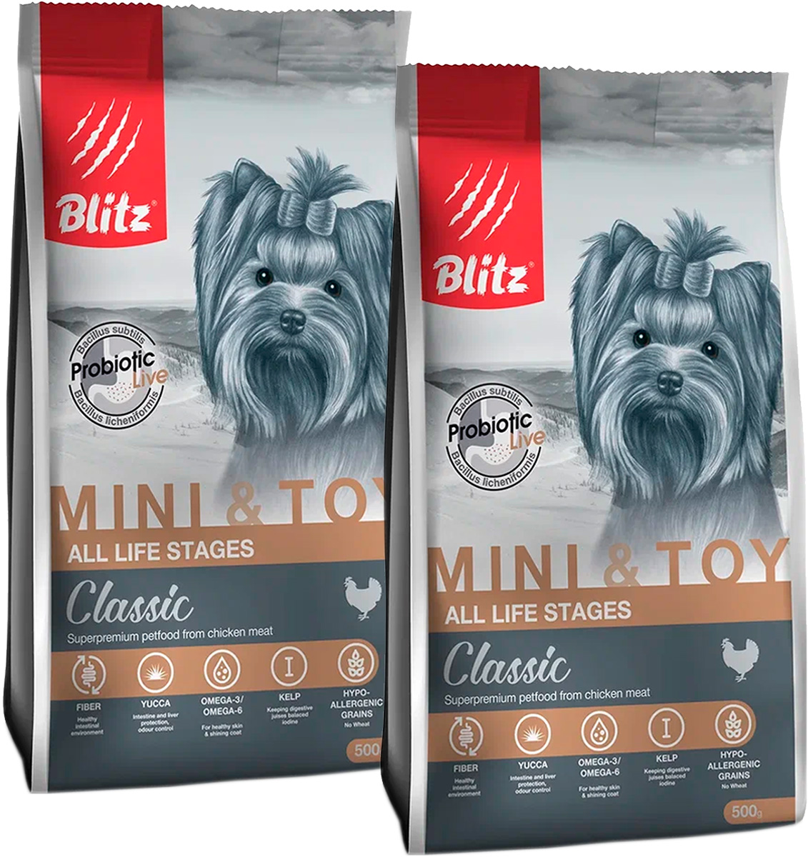 Сухой корм для собак BLITZ CLASSIC ADULT MINI & TOY BREEDS CHICKEN, 2 шт по 0,5 кг