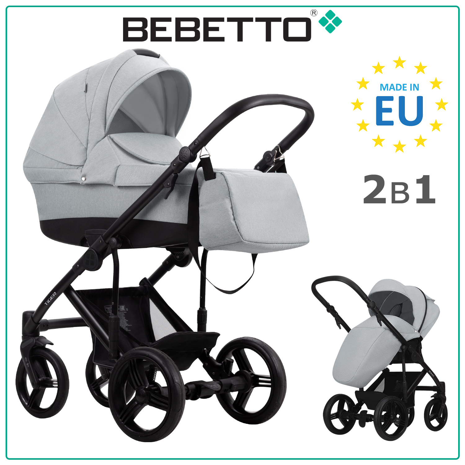 Коляска детская Bebetto 2 в 1 Tiger LUX 08 светло-серый рама черная 0 47480₽