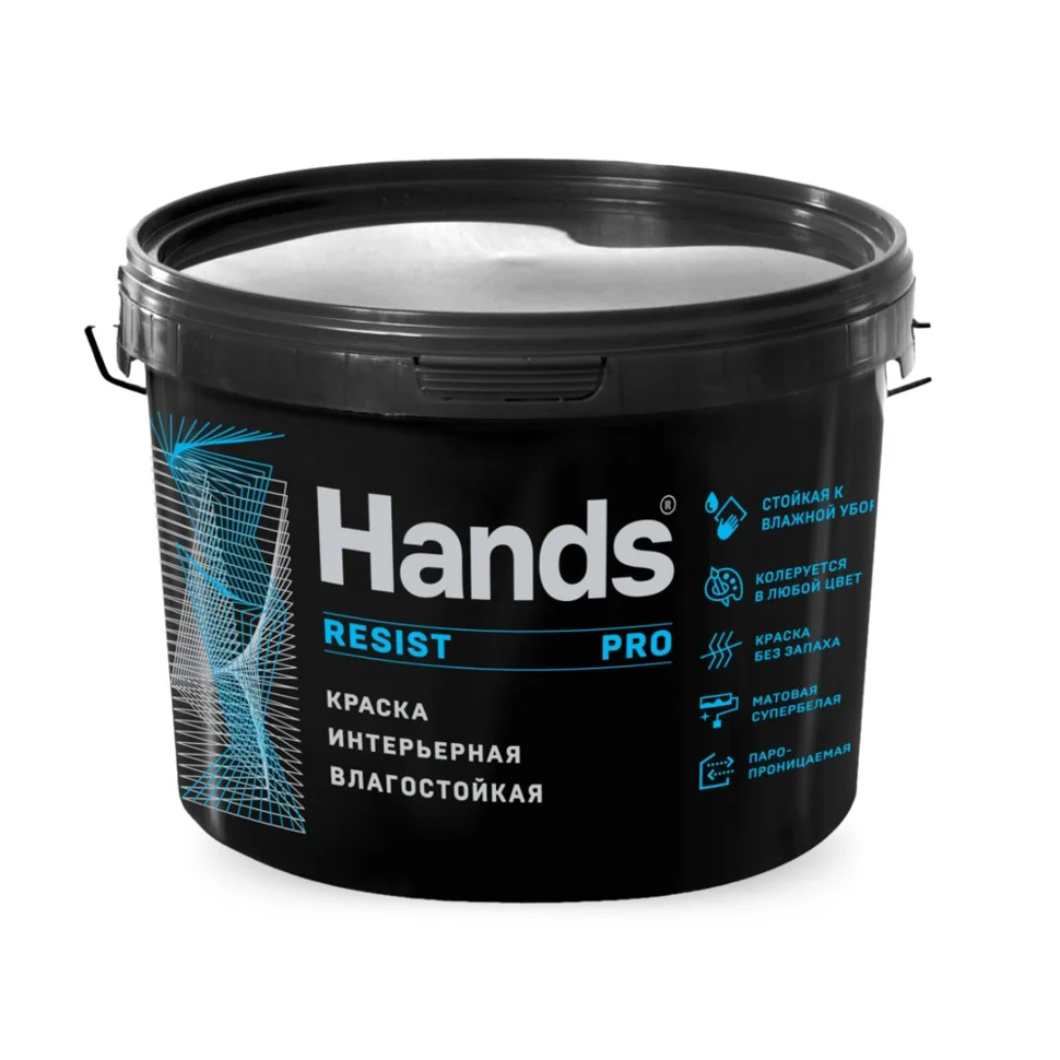 

Краска ВД интерьерная влагостойкая супербелая Hands Resist PRO 6кг