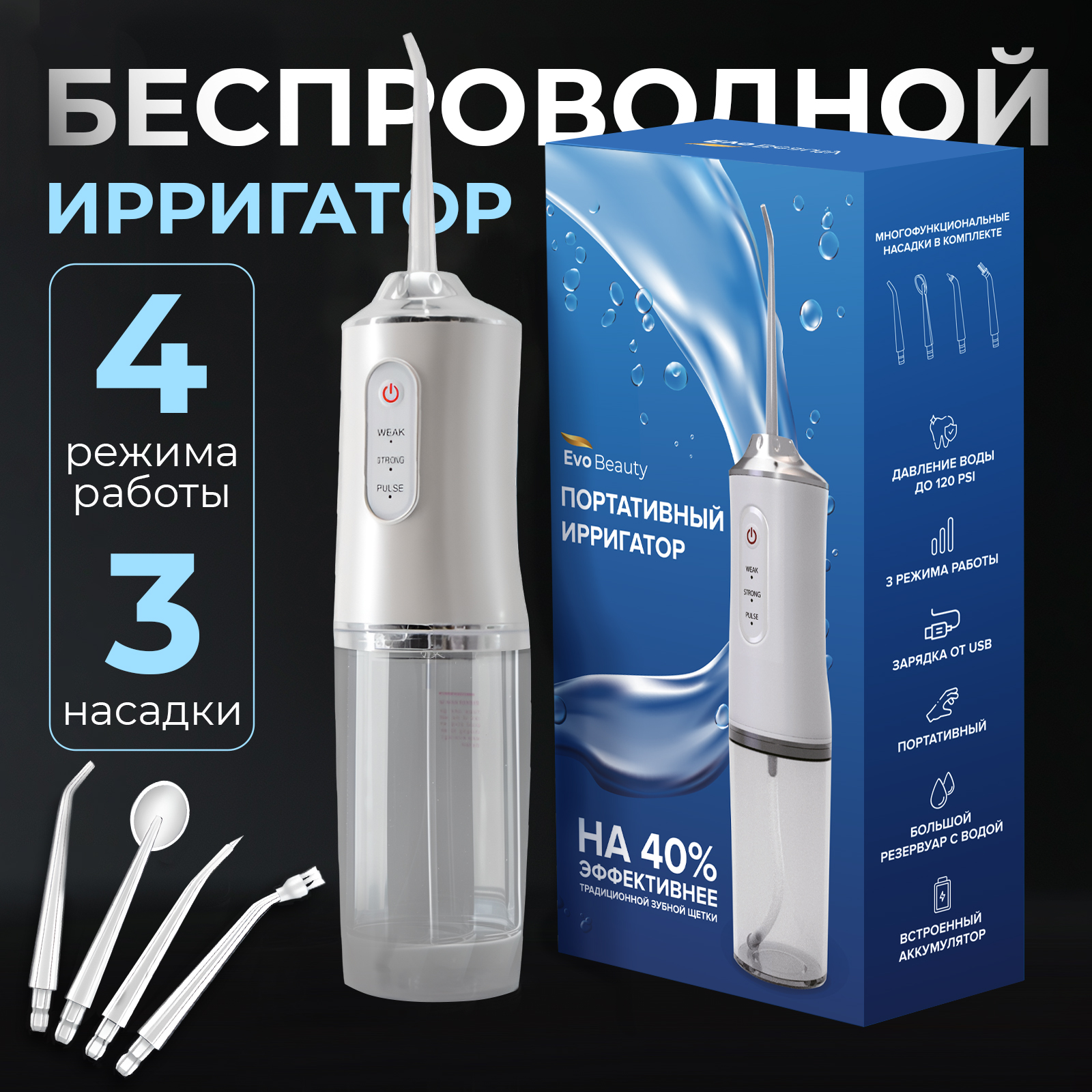 

Ирригатор портативный для полости рта Evo Beauty White 220 мл, 220 ml