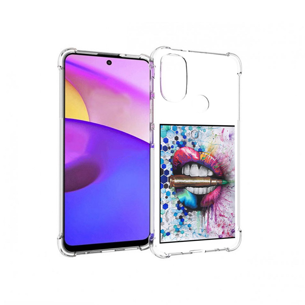 

Чехол MyPads Tocco для Motorola Moto E30 разноцветные губы с пулей (PT227074.357.571), Прозрачный, Tocco