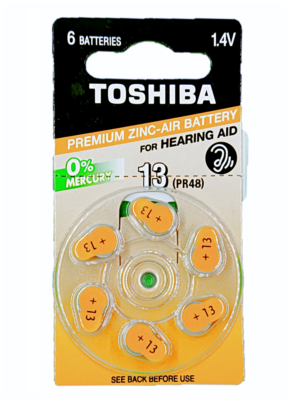 Батарейки Toshiba 13 (PR48) воздушно-цинковые для слухового аппарата PR48 1,4V, 6 шт