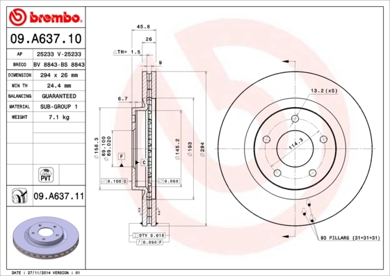 

Тормозной диск brembo комплект 1 шт. 09A63710