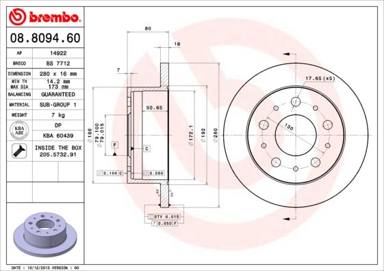 

Диск Тормозной Задний 280Mm BREMBO 08809460