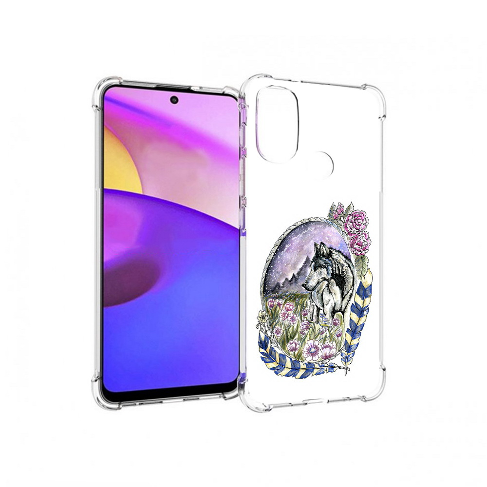 

Чехол MyPads Tocco для Motorola Moto E30 нарисованный волк в цветах с перьями, Прозрачный, Tocco