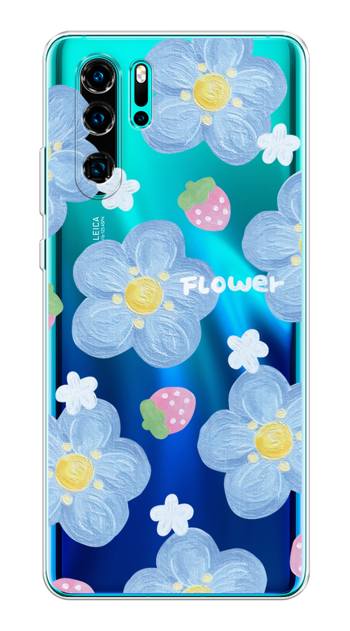 

Чехол на Huawei P30 Pro "Цветы и клубники", Прозрачный;голубой;белый, 67650-1