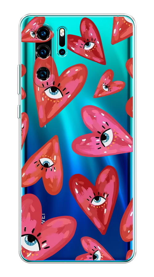 

Чехол на Huawei P30 Pro "Сердечки с глазами", Коричневый;красный;розовый, 67650-1