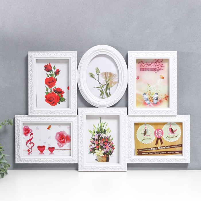 фото Фоторамка на 6 фото 13х18 см "с узорами" белая 37,5х59 см nobrand