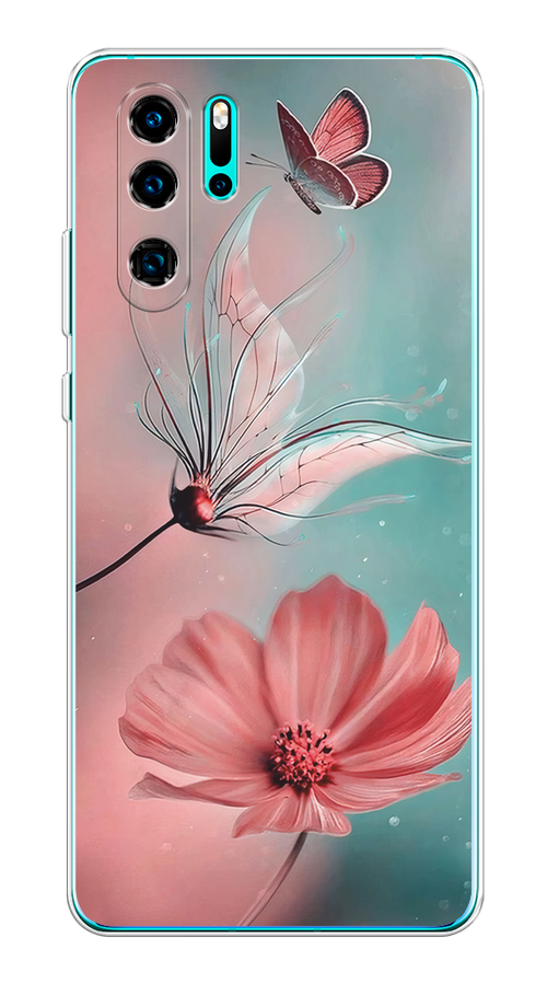 

Чехол на Huawei P30 Pro "Бабочка и цветок", Голубой;розовый, 67650-1