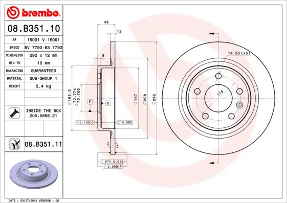 

Тормозной диск brembo задний для Chevrolet Cruze/Opel Astra J 2009- 08B35111