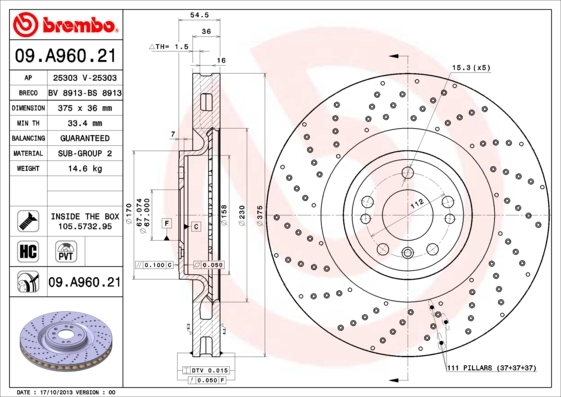 

Тормозной диск brembo передний окрашенный перфорированный 375 мм 09A96021