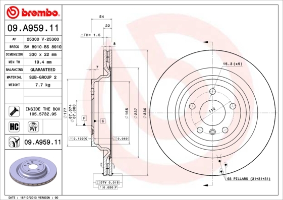 

Тормозной диск brembo задний окрашенный 330 мм 09A95911