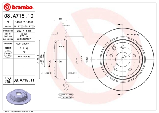 

Тормозной диск brembo задний для Nissan Juke F15 10-, NV200 10- 08A71510