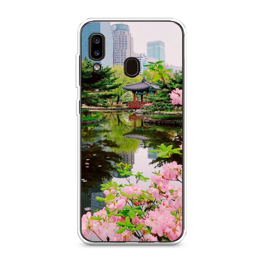 

Чехол на Samsung Galaxy A20 "Сакура возле озера", Зеленый;розовый;голубой, 27650-2