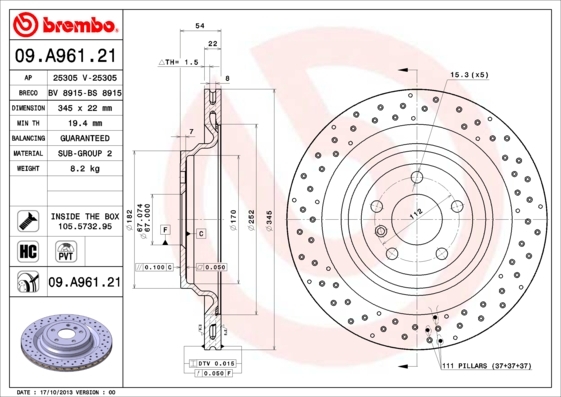 

Тормозной диск brembo задний окрашенный перфорированный 345 мм 09A96121