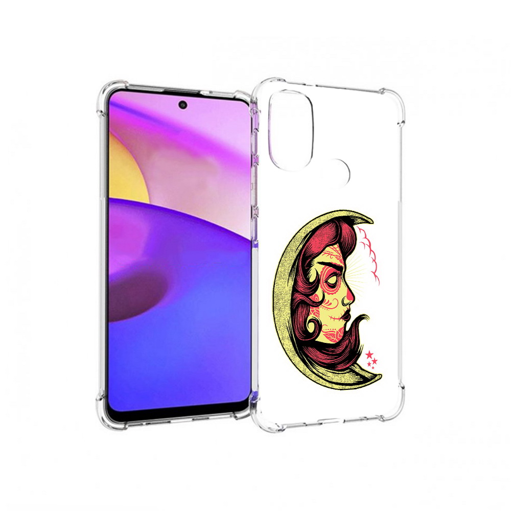 

Чехол MyPads Tocco для Motorola Moto E30 желтый полумесяц с лицом девушки, Прозрачный, Tocco