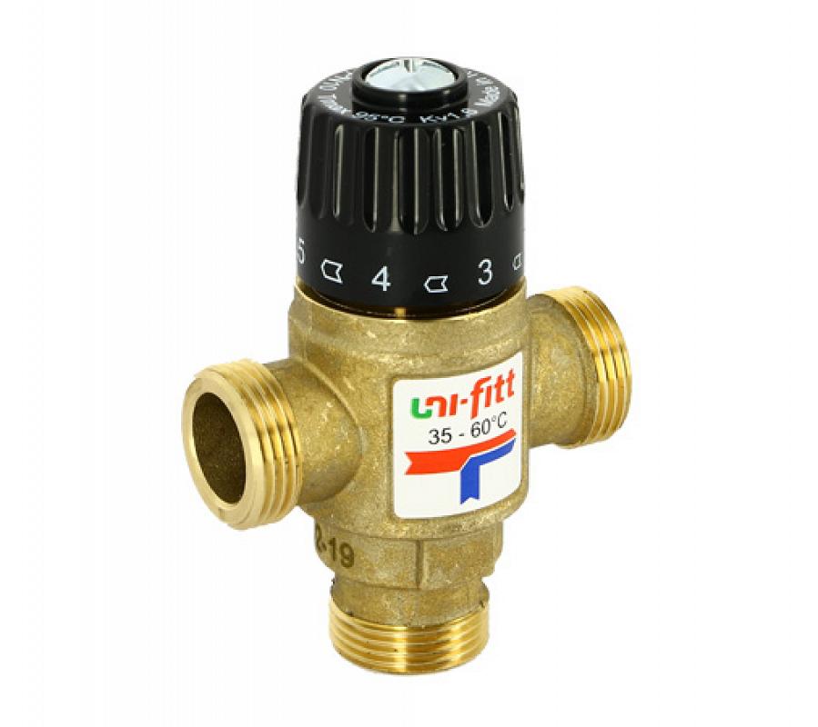 Смесительный клапан Uni-fitt Н 1 термосмесительный 35-60С, смешение боковое, латунный
