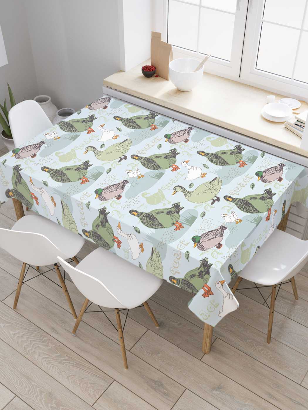 

Скатерть прямоугольная JoyArty "Селезни и утки" из сатена, 120x145 см, Желтый, Селезни и утки