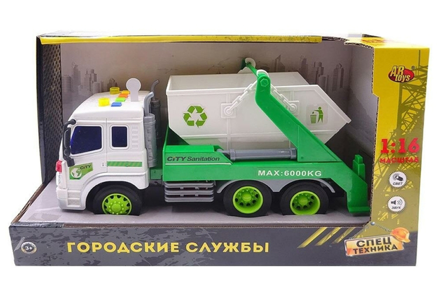 

игрушечная машинка инерционная ABtoys Мусоровоз с контейнером 1:16, 32.5x12x19 см C-00457, Зеленый;белый