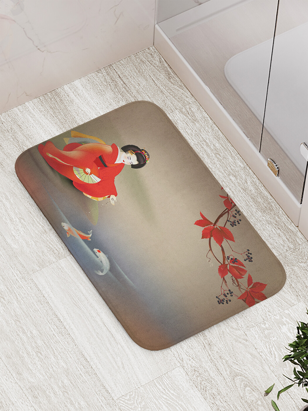 

Коврик противоскользящий JoyArty "Кормление рыб кои" для ванной, сауны, бассейна, 77х52 см, Кормление рыб кои