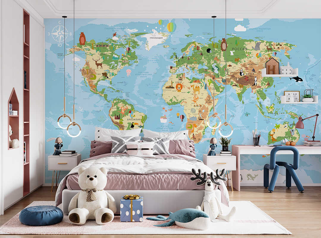 

Фотообои детские флизелиновые MOBI DECOR для девочки или для мальчика"Карта мира №6" на ст, Разноцветный, Карта мира детская - флизелин1
