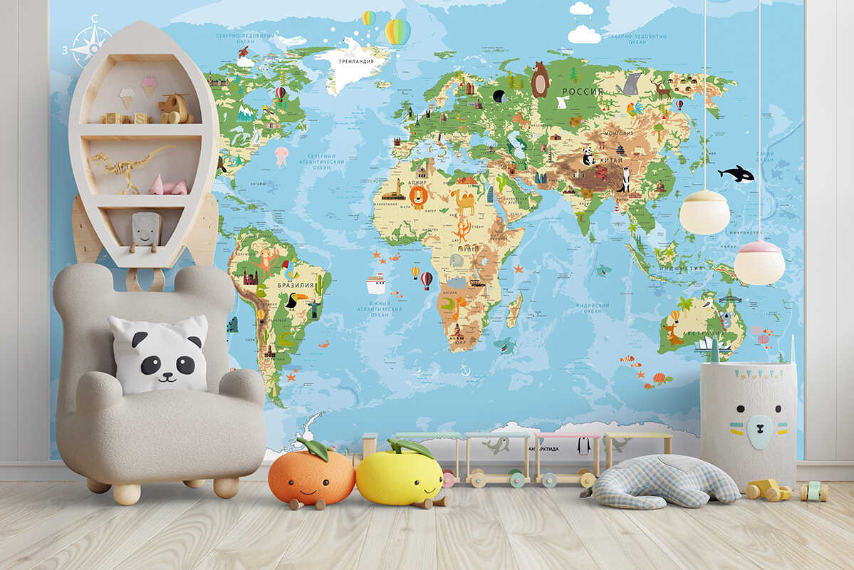 

Фотообои детские флизелиновые MOBI DECOR для девочки или для мальчика "Карта мира №6" на с, Разноцветный, Карта мира детская №6 - флизелин