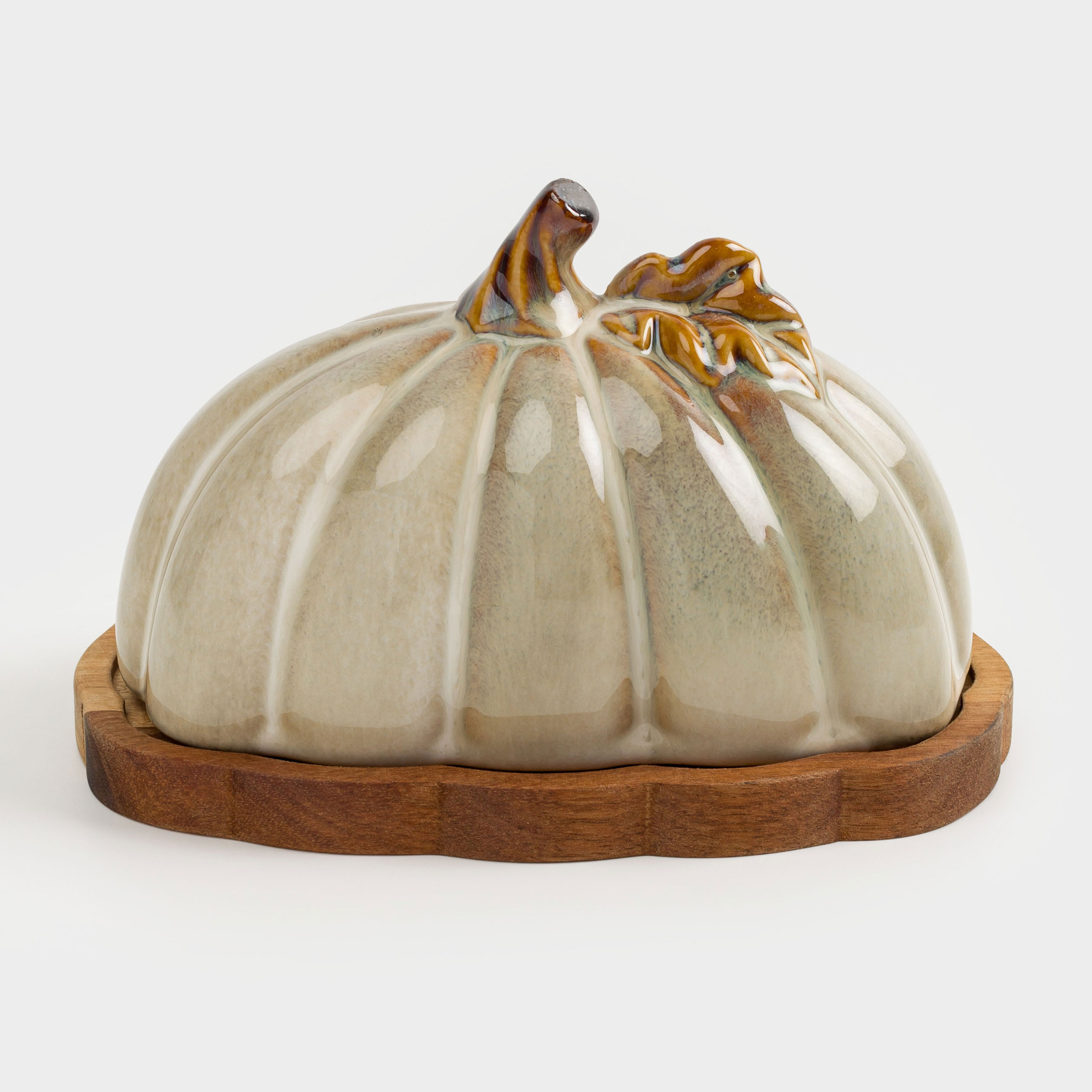 Масленка, 19 см, керамика/дерево, молочно-коричневая, Тыква с листом, Pumpkin velir