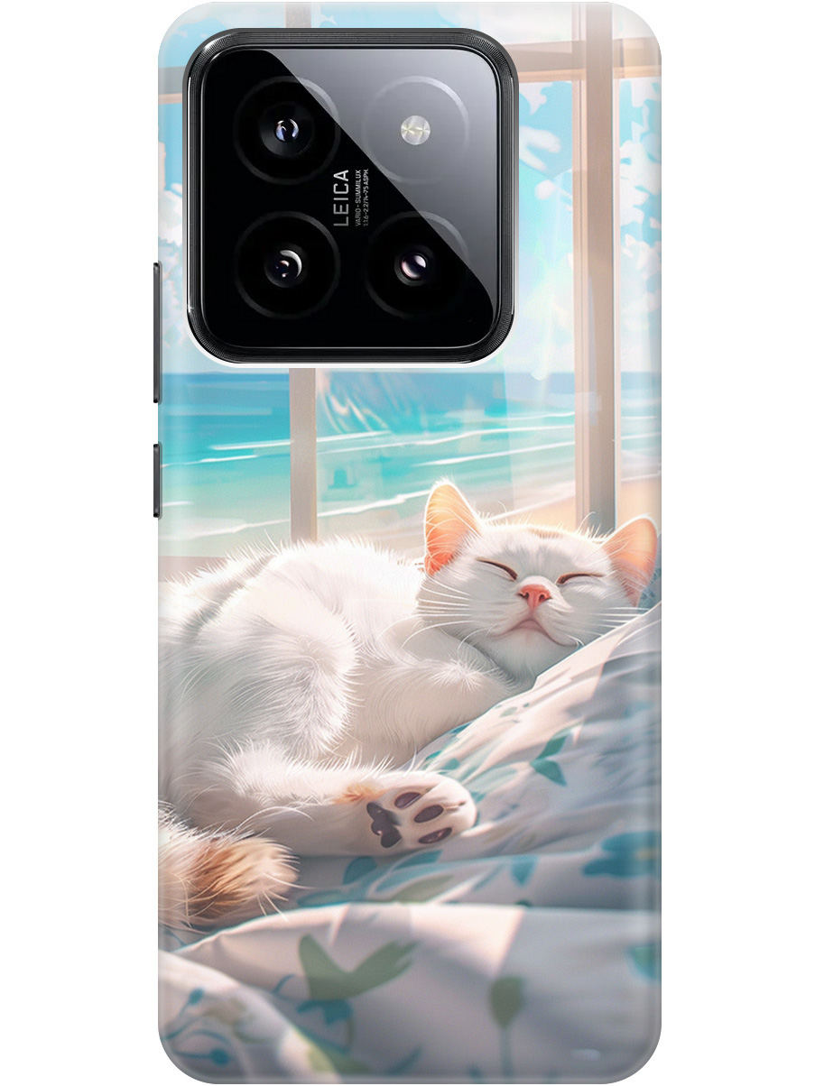 

Силиконовый чехол на Xiaomi 14 Pro с принтом "Отдыхающий котик", Прозрачный;белый;голубой, 777771012
