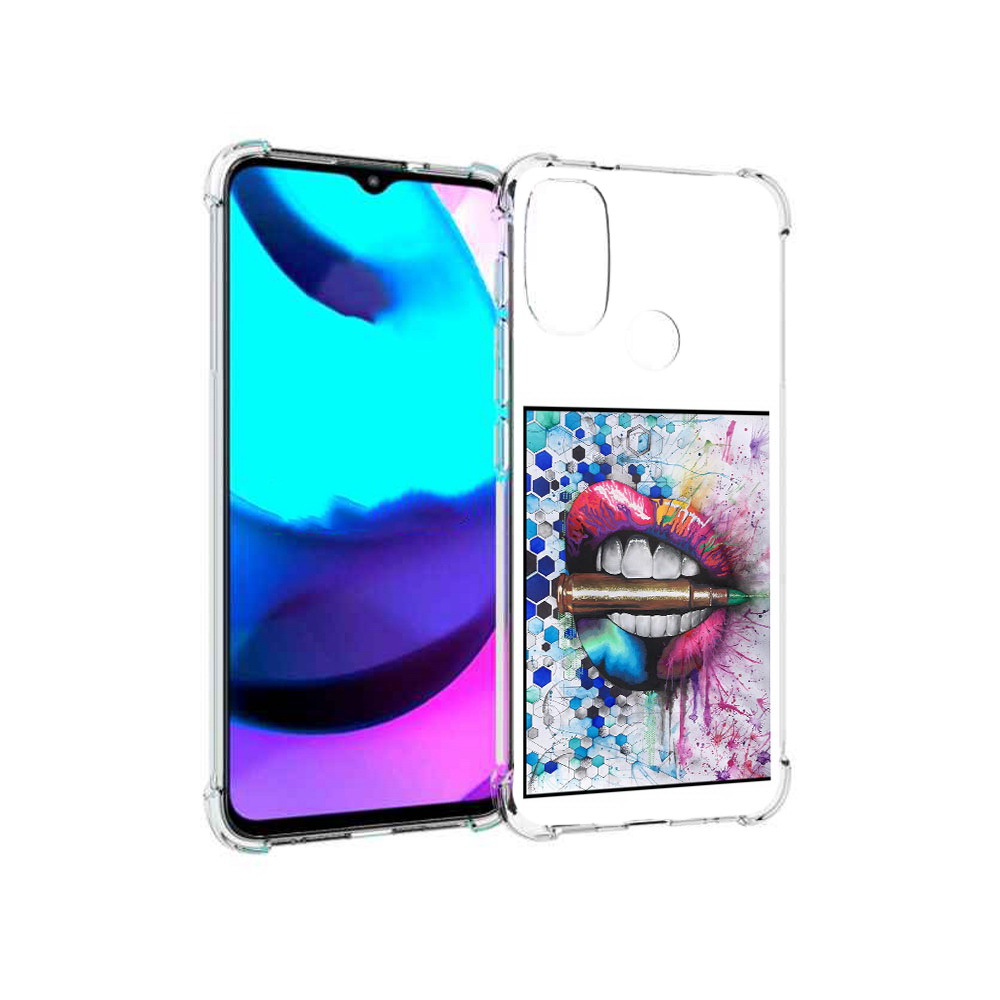 

Чехол MyPads Tocco для Motorola Moto E20 разноцветные губы с пулей (PT162039.356.571), Прозрачный, Tocco
