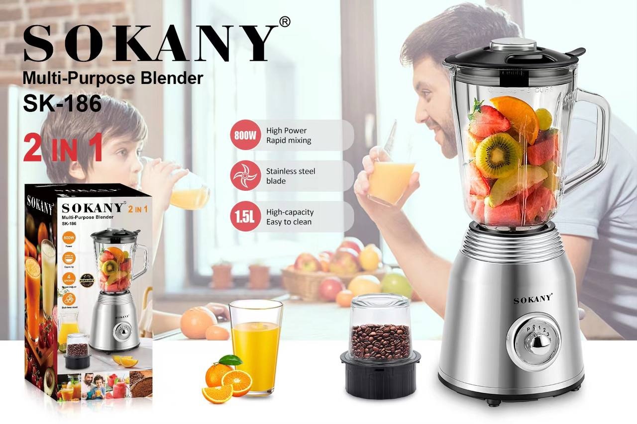 Блендер Sokany SK-186 серебристый блендер galaxy gl 2163 стационарный 900 вт 1 5 л кофемолка серебристый