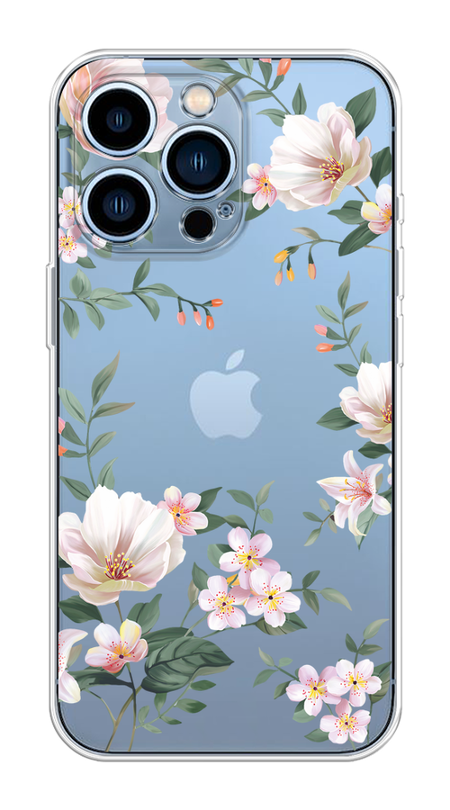 

Чехол на Apple iPhone 13 Pro "Beautiful white flowers", Бежевый;зеленый, 14350-1