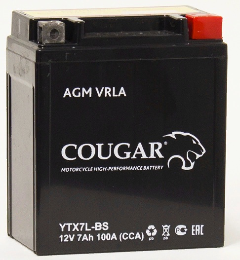 Аккумулятор д/мото/скутера Cougar AGM VRLA 12V 7 А/ч 100 А обр. пол.YTX7L-BS (113х70х132)