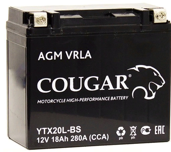 Аккумулятор д/мото/скутера Cougar AGM VRLA 12V 18А/ч 280А обр. пол.YTX20L-BS (175х87х155)