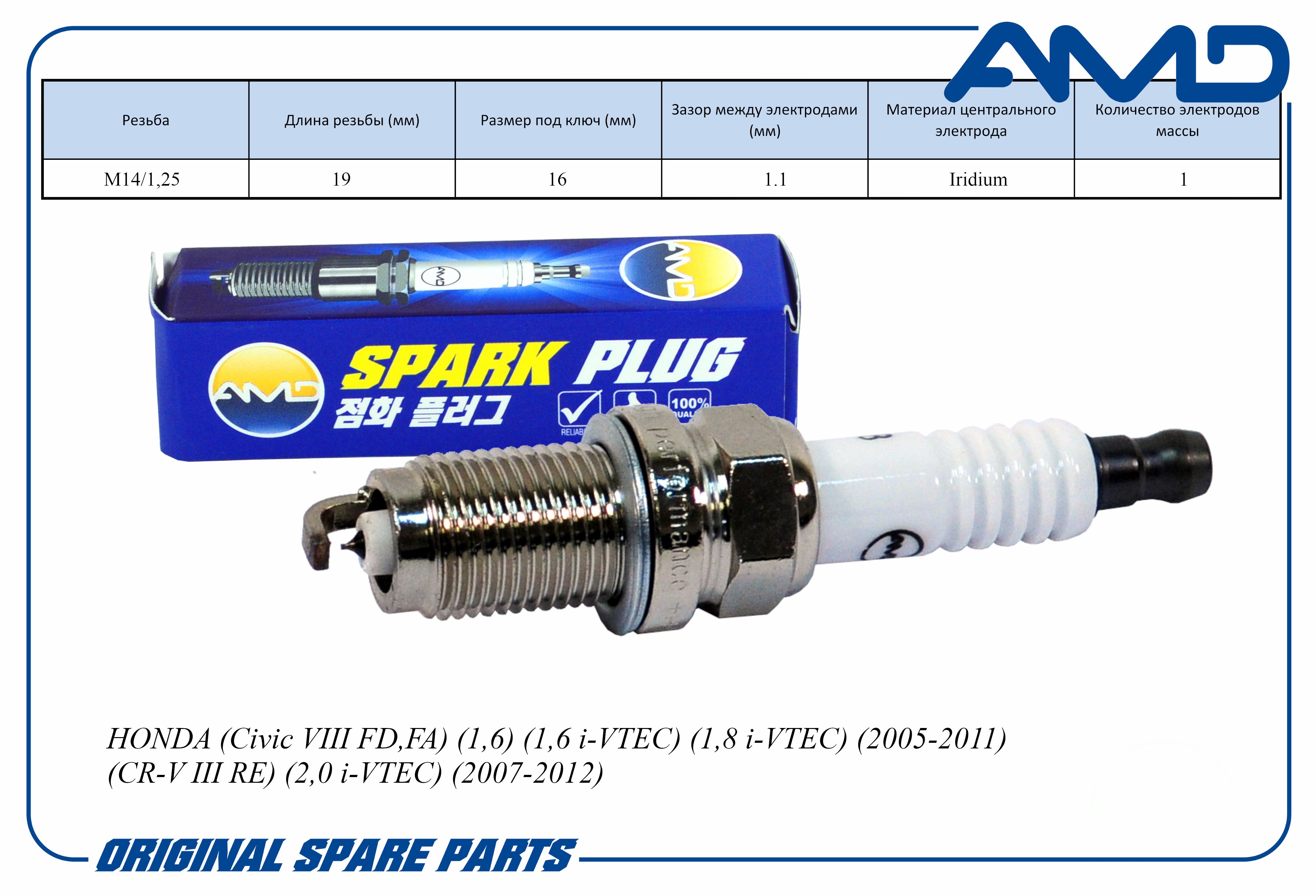 Свеча зажигания AMD 9807B-561-BW/IZFR6K11S/AMD.PL98 Iridium для HONDA Civic VIII FD,FA 1,6