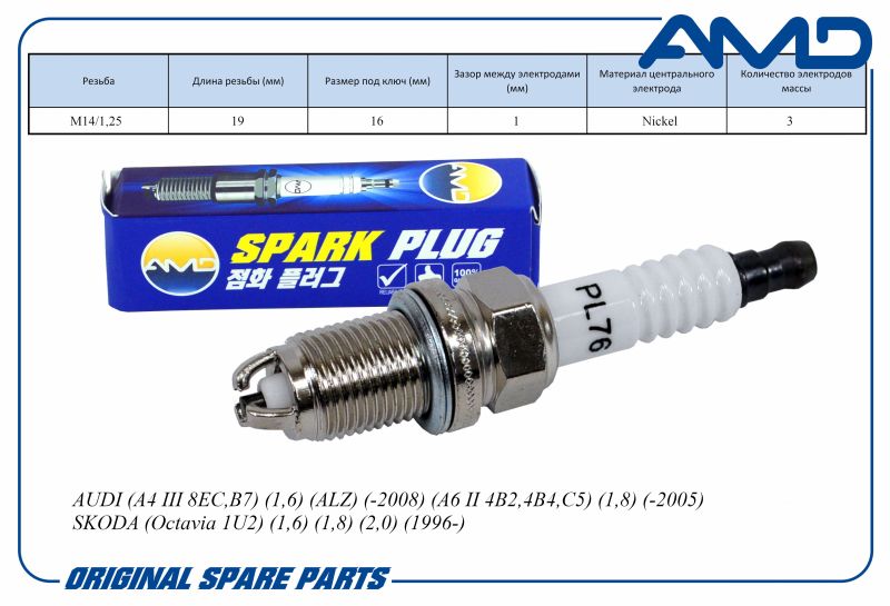 Свеча зажигания 101000033AA BKUR6ET-10 AMDPL76 Nickel A4 III 8EC,B7 ALZ -08 A6 II