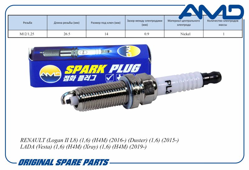 Свеча зажигания 224011561R LZKAR7D-9D AMDPL24 Nickel RENAULT Logan Duster 15- Kaptur