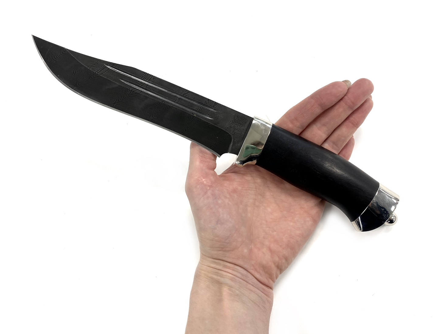 Нож ЗЗОСС Спасатель Н7, черный дамаск 9ХС-70С2ХА, Граб,никель