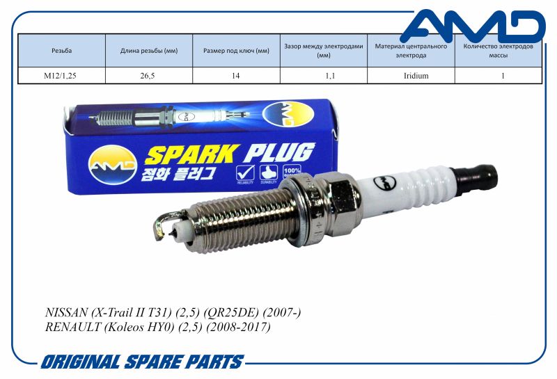 Свеча зажигания 22401JA01B DILKAR6A11 AMDPL144 Iridium NISSAN X-Trail II T31 2,5 QR25DE