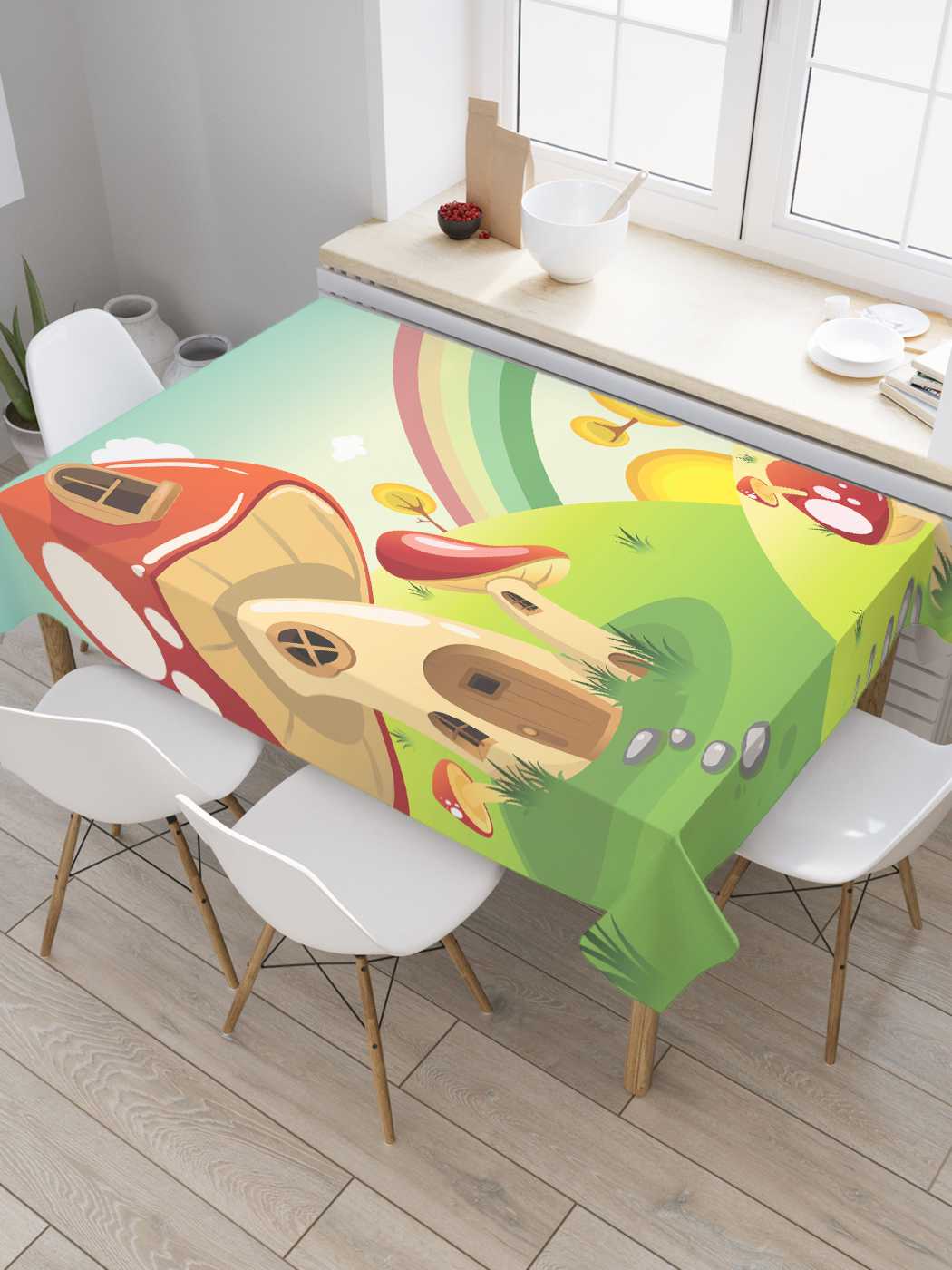 

Скатерть прямоугольная JoyArty "Радуга в грибном городе" из сатена, 180x145 см, Оранжевый, Радуга в грибном городе