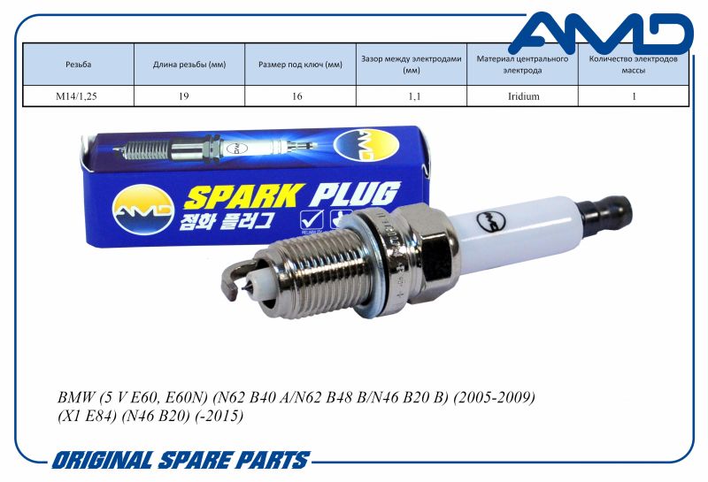 Свеча зажигания 12122158252 IZFR6H11 AMD.PL137 Iridium для BMW 3/5/X1 E84 N46 B20 -15